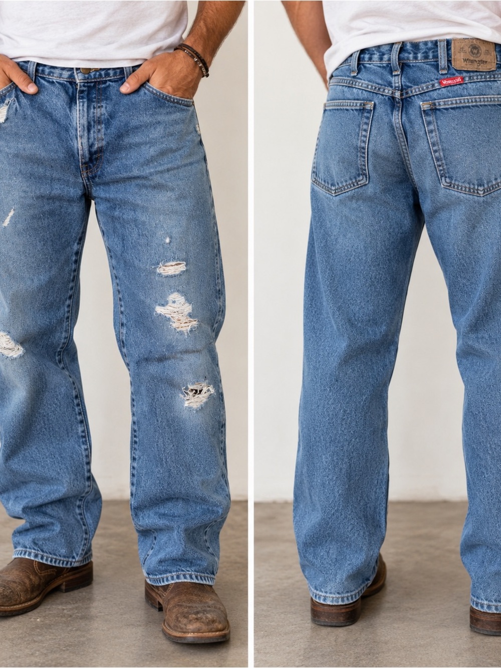 Wrangler Distressed Relaxed Fit Jeans 38 Blue Ripped Thrashed Western Workwear